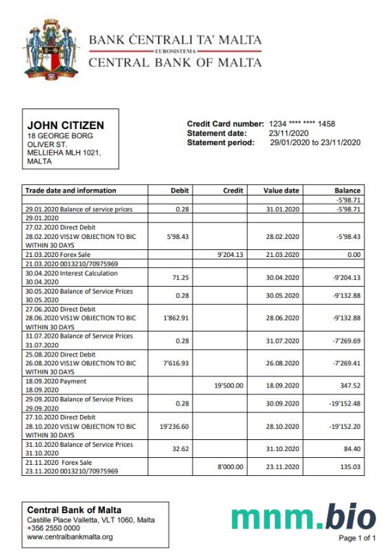 Malta Central Bank of Malta wyciąg bankowy łatwy do wypełnienia szablon w formacie Excel i PDF